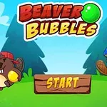 Dva kreslení bobri s farebnými loptami a nápisom Beaver Bubbles na zelenom pozadí s lesom