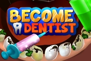 Nápis „BECOME A DENTIST“ s ilustráciou zubov so zubným kazom, injekčnou striekačkou a zeleným nástrojom