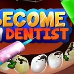 Nápis „BECOME A DENTIST“ s ilustráciou zubov so zubným kazom, injekčnou striekačkou a zeleným nástrojom