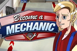 Kreslený mechanik s blond vlasmi a nápisom Become a Mechanic v pozadí dielne