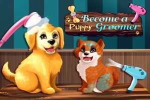 Dva kreslené šteňatá v kúpeli s sušičmi na vlasy a nápisom Become a Puppy Groomer