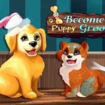Dva kreslené šteňatá v kúpeli s sušičmi na vlasy a nápisom Become a Puppy Groomer