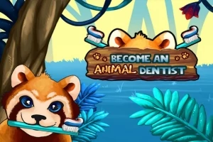Červená panda s kefkou v ústach stojí v džungli pred nápisom Become an Animal Dentist