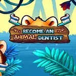 Červená panda s kefkou v ústach stojí v džungli pred nápisom Become an Animal Dentist
