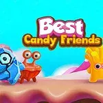 Farebné kreslené postavičky na cukríkovej tematike stoja pred svetlomodrým pozadím s nápisom Best Candy Friends
