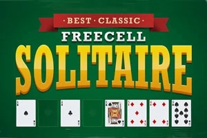 Zelené pozadie s nápisom Best Classic Freecell Solitaire a kartami rôznych hodnôt zobrazenými dole