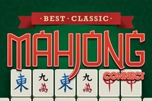 Nápis Best Classic Mahjong Connect so štvorcovými dlaždicami s čínskymi znakmi na zelenom pozadí