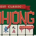 Nápis Best Classic Mahjong Connect so štvorcovými dlaždicami s čínskymi znakmi na zelenom pozadí