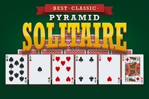 Nadpis Best Classic Pyramid Solitaire nad radom piatich hracích kariet, medzi ktorými sú piková osmička, srdcové eso, srdcová sedmička, trojka krížová, srdcová dvojka a kára kráľ