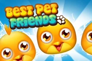 Tri žiarivo žlté postavičky s veľkými očami a nad nimi farebný nápis „Best Pet Friends“ na modrom pozadí