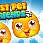 Tri žiarivo žlté postavičky s veľkými očami a nad nimi farebný nápis „Best Pet Friends“ na modrom pozadí