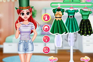 Žena s červenými vlasmi a zeleným cylindrom stojí vedľa šatníka s tromi zelenými šatami a menu na výber oblečenia