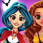 Dve kreslené postavy s farebnými vlasmi a Halloween doplnkami na farebnom pozadí s netopiermi a pavučinami