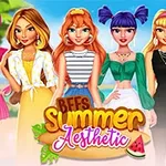 Šesť štýlových dievčat v letnom oblečení stojí vedľa seba s nápisom BFFs Summer Aesthetic v popredí