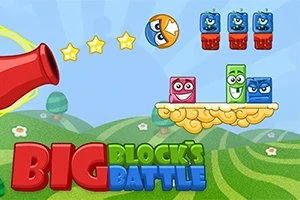 Farebné bloky s tvárami na obláčiku a vystrelená guľa s očami v pozadí krajiny s textom Big Blocks Battle