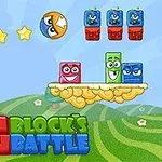 Farebné bloky s tvárami na obláčiku a vystrelená guľa s očami v pozadí krajiny s textom Big Blocks Battle
