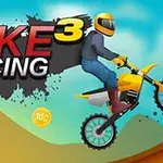 Muž na žltom motocykli v skoku s modrou oblohou v pozadí a textom Bike Racing 3