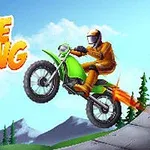 Motorkár v oranžovom oblečení jazdí na zelenej motorke s ohňom z výfuku, vedľa nápisu Bike Racing s horským pozadím