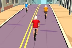 Traja cyklisti v rôznofarebných tričkách jazdia po prázdnej ulici s dvojitou žltou čiarou uprostred