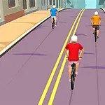 Traja cyklisti v rôznofarebných tričkách jazdia po prázdnej ulici s dvojitou žltou čiarou uprostred