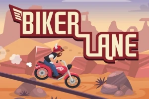 Muž na motorke jazdí po púšti s nápisom BIKER LANE v pozadí