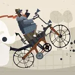 Muž na starom bicykli so štyrmi kolesami a šálom vo vetre, skáče vo vzduchu s pozadím oblúkov a stromov