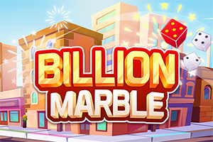 Nápis Billion Marble pred farebnými budovami s vyobrazenými kockami vo vzduchu