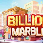 Nápis Billion Marble pred farebnými budovami s vyobrazenými kockami vo vzduchu