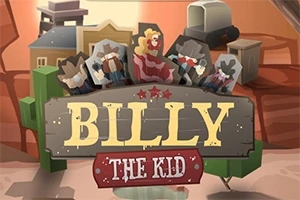 Ilustrácia s westernovými postavami v karikatúrnom štýle na pozadí mesta s nápisom Billy The Kid