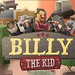 Ilustrácia s westernovými postavami v karikatúrnom štýle na pozadí mesta s nápisom Billy The Kid