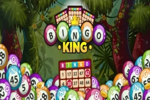 Farebné bingo gule a bingo karta s textom Bingo King na pozadí džungle