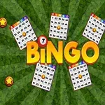 Na zelenom pozadí sú usporiadané bingo karty s písmenami a číslami, uprostred je veľký nápis BINGO so žltými hviezdičkami okolo
