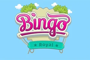 Nápis Bingo Royal v ružovej a zelenej farbe na modrom pozadí s grafickými prvkami oblakov a kríkov
