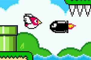 Pixelová postava vtáčika letí medzi zelenou trubkou a čiernym projektilom na pozadí oblohy s mrakmi v retro arkádovej grafike