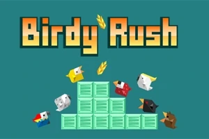 Farebné kreslené postavičky vtákov okolo zelenej plošiny s názvom Birdy Rush hore