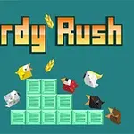 Farebné kreslené postavičky vtákov okolo zelenej plošiny s názvom Birdy Rush hore