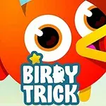 Kreslený oranžový vtáčik s veľkými očami a žltým zobákom sa pozerá doľava na modrom pozadí s nápisom Birdy Trick