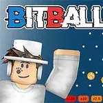 Postavička s bielym klobúkom a nápisom BITBALL na modrom pozadí s oranžovými a bielymi číslovanými guľôčkami