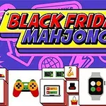 Farebný nápis Black Friday Mahjong na fialovom pozadí s ikonami elektroniky, hodiniek a ďalších produktov