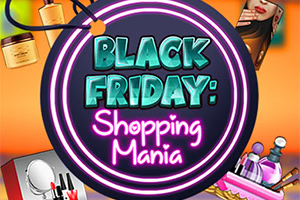 Čierny kruhový štítok s nápisom Black Friday: Shopping Mania obklopený kozmetickými produktmi