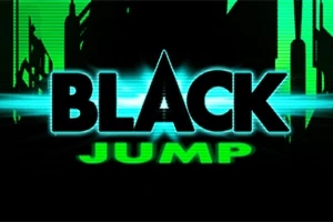 Text BLACK JUMP v zelených a čiernych farbách na hrebeni futuristického mesta s výraznými neónovými líniami
