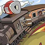 Veselý vlak s postavičkami sa rúti po trati, pričom jedna z nich vystrkuje hlavu von z okna vlaku