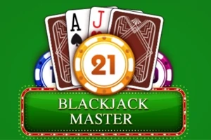 Karty s esom a jackom, zlatý žetón s číslom 21 a nápis Blackjack Master na zelenom pozadí