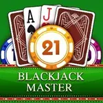 Karty s esom a jackom, zlatý žetón s číslom 21 a nápis Blackjack Master na zelenom pozadí