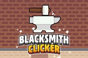 Biela kovadlina s kladivom pred tehlovou stenou s nápisom Blacksmith Clicker