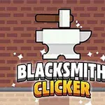 Biela kovadlina s kladivom pred tehlovou stenou s nápisom Blacksmith Clicker