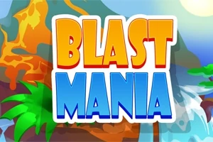 Farebný nápis Blast Mania na pozadí s palmami, horou a vodopádom