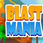 Farebný nápis Blast Mania na pozadí s palmami, horou a vodopádom