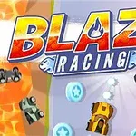 Farebné autíčka závodia na trati s mincami a nápisom Blaze Racing v hornej časti obrázka