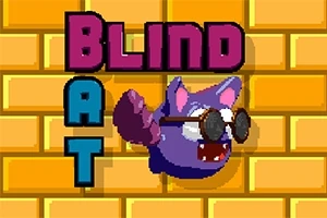 Fialový netopier s okuliarmi pred tehlovou stenou s nápisom Blind Bat